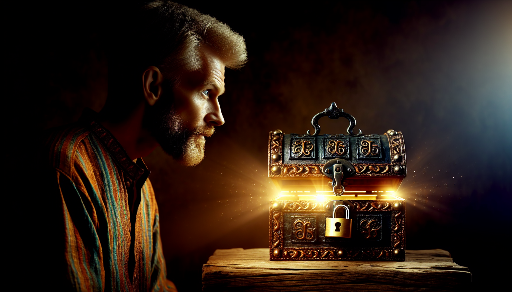 Capricorn man gazing at faint glowing locked treasure box.