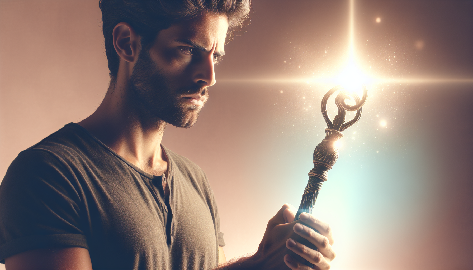 Muted background with man holding faint glowing staff of power.