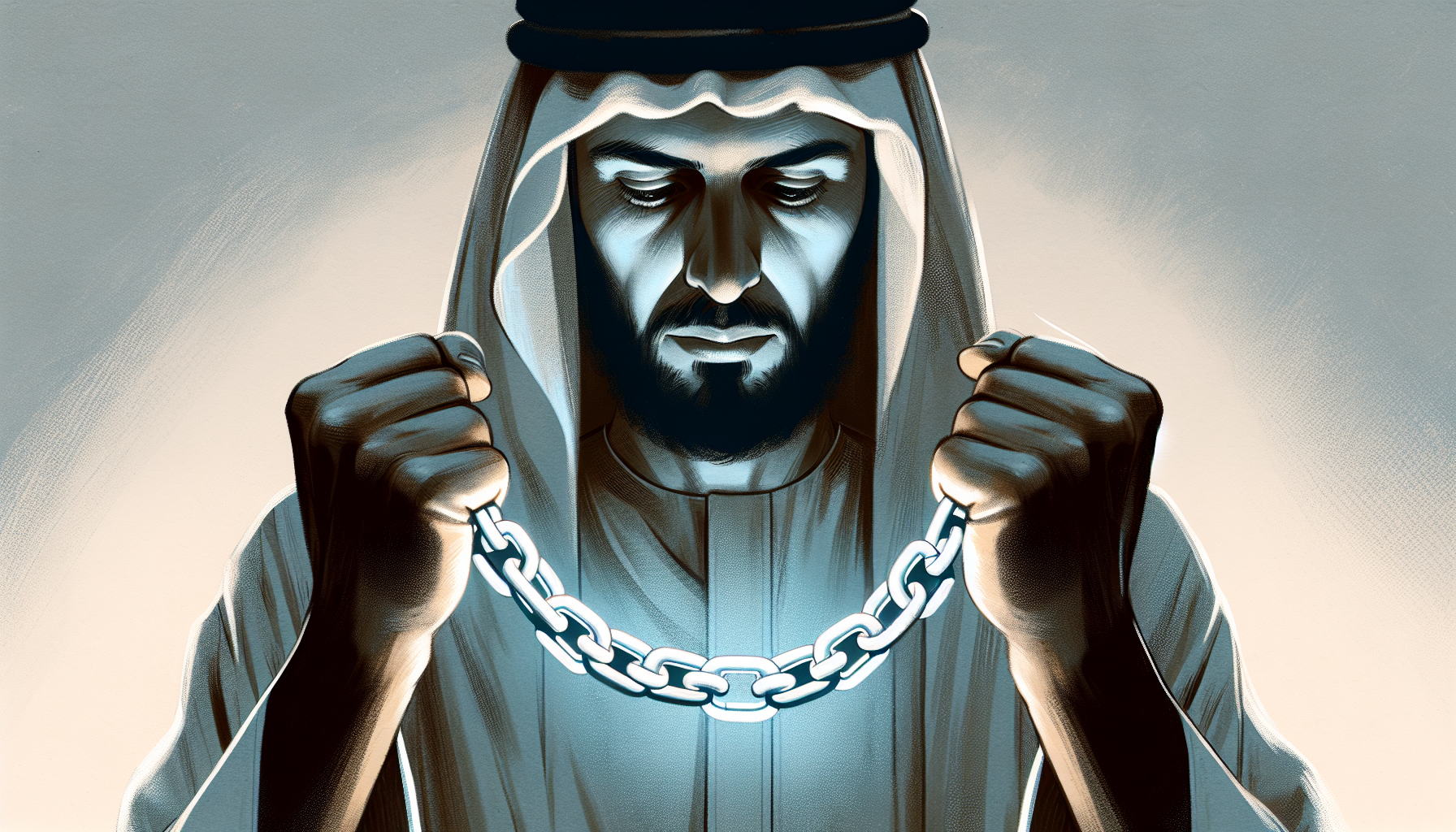 Muted tones of man holding faint glowing chains of responsibility.