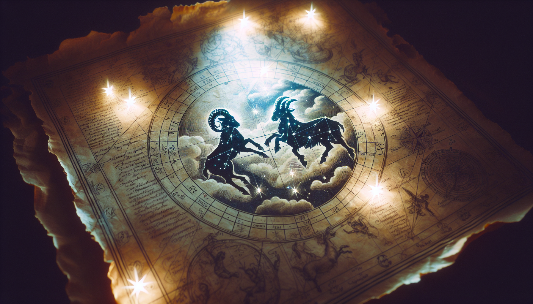 Celestial chart glowing faintly with Aquarius and Capricorn symbols tied together.