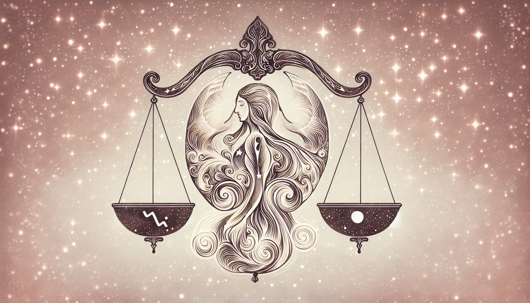 Muted tones of cosmic balance scales holding Aquarius and Capricorn glyphs.