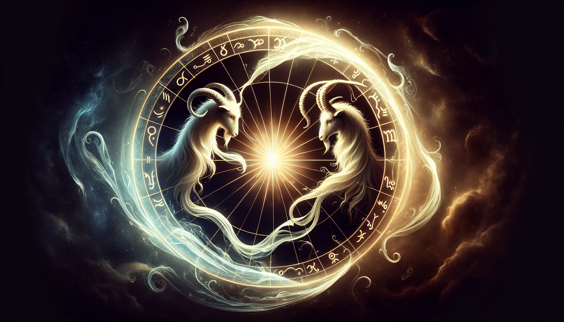 Zodiac wheel glowing faintly with Aquarius and Capricorn opposite but connected.