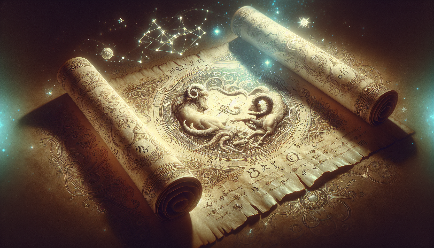 Ancient scroll glowing faintly with compatibility chart of Aquarius and Capricorn.