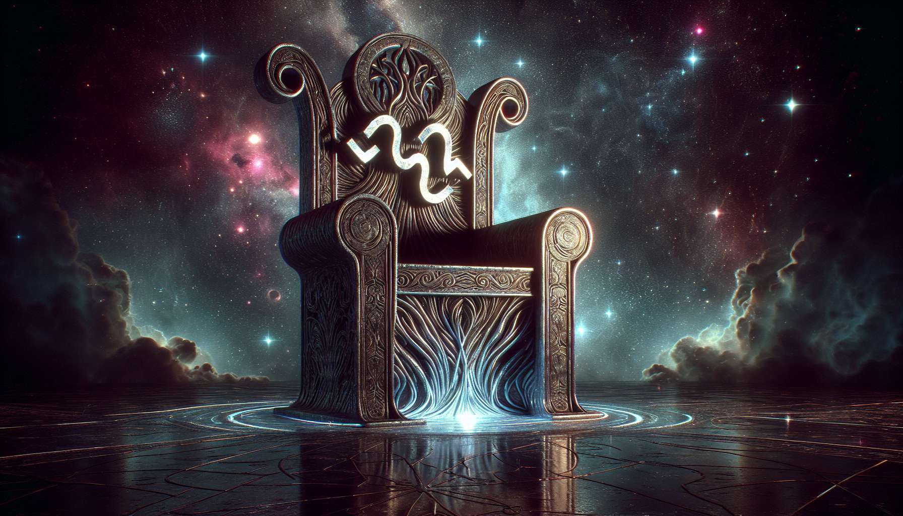 Muted cosmic throne with Aquarius glyph on one side, Capricorn glyph on the other.