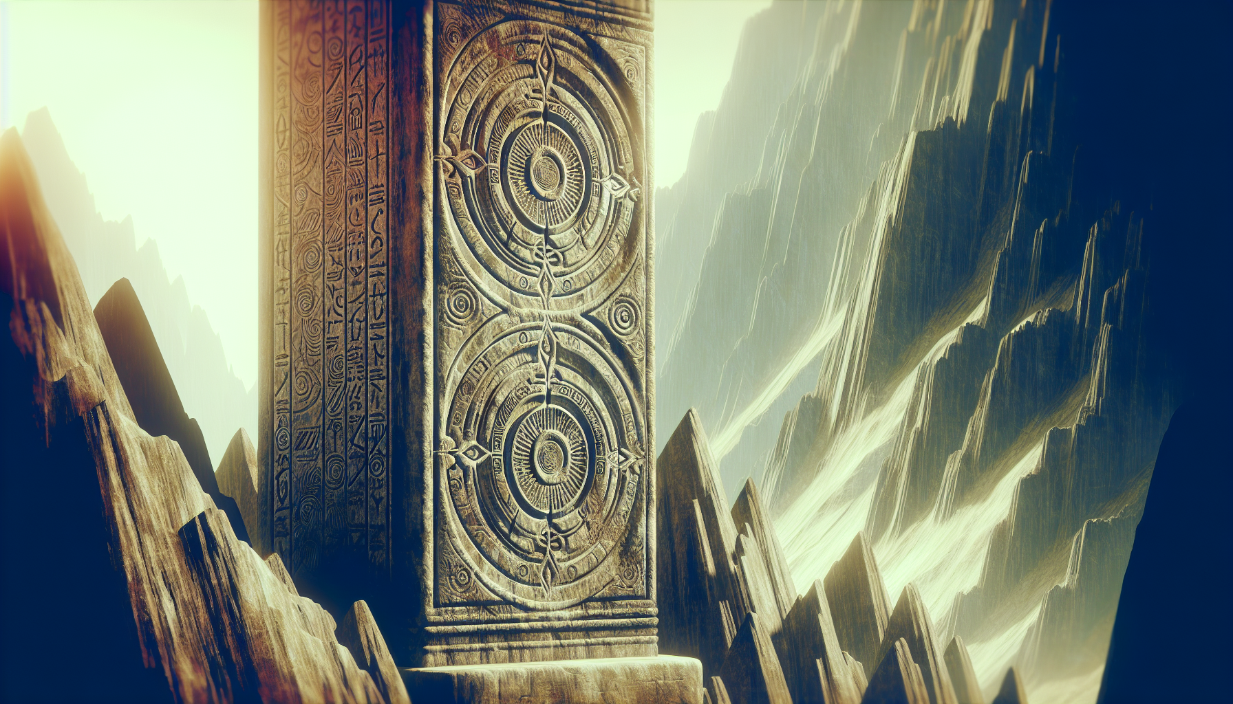 Two glyphs carved on stone pillar glowing faintly with aura of power.