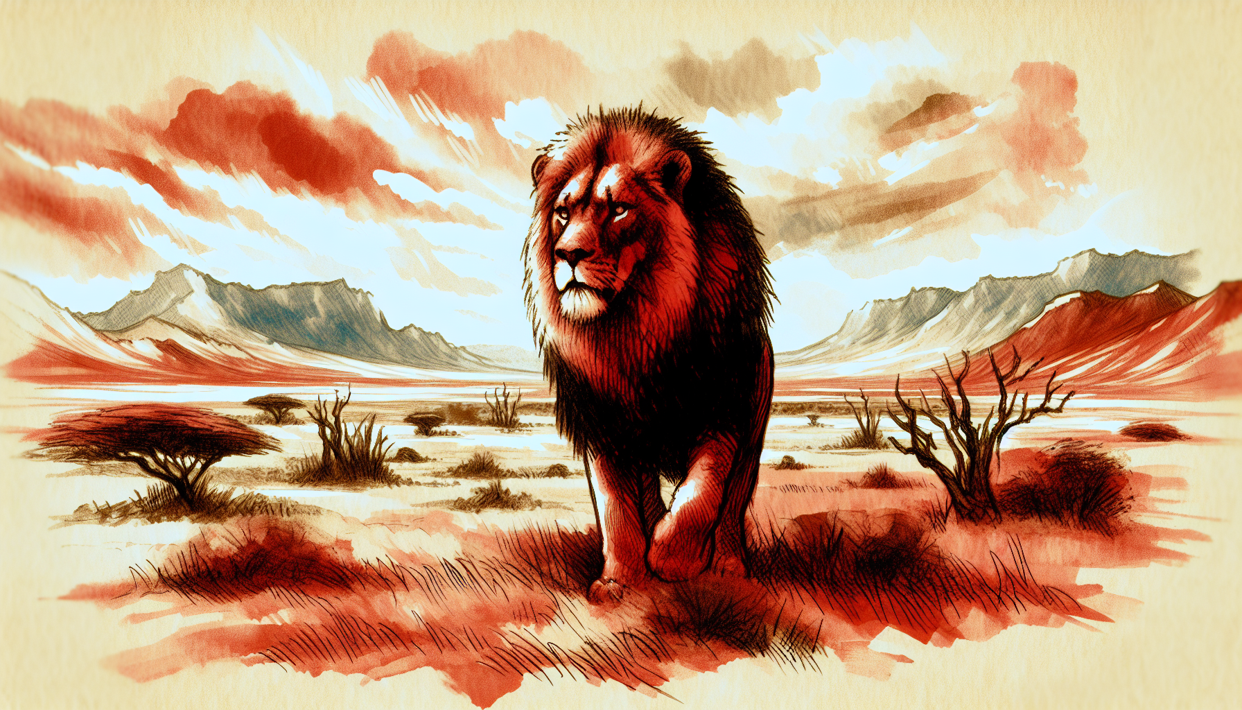 scary looking lion with rust-colored fur, on desert-like savannah, rough fantasy style