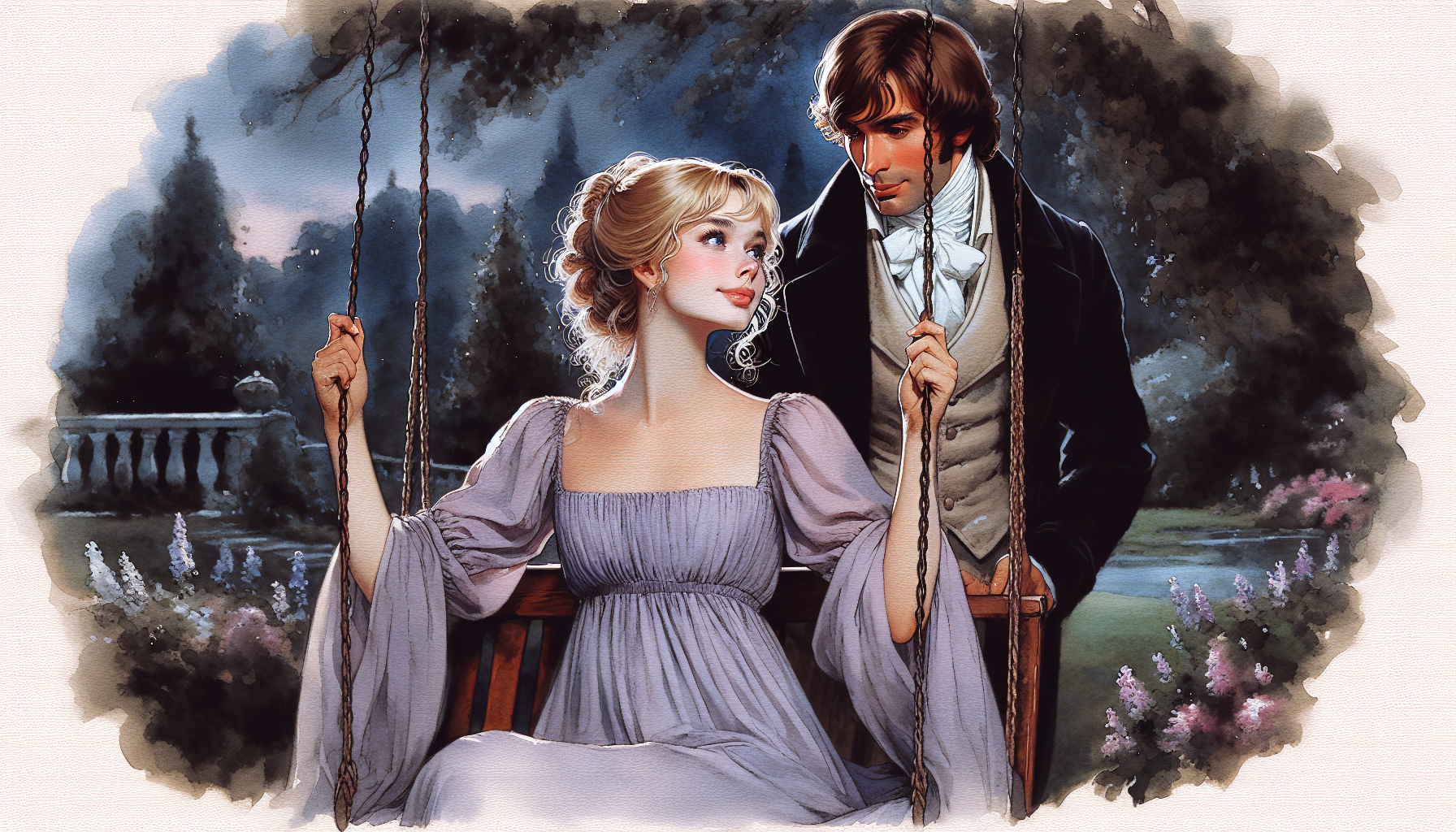 crea una imagen de romance histórico realista ambientada en la época de la regencia, en la que se ve una hermosa joven rubia con un vestido lavanda claro que se columpia en un columpio en un hermoso jardín, y cerca de ella está un apuesto caballero de cabello castaño (sin barba ni bigotes), es un libertino y la mira con picardía. Es de noche.