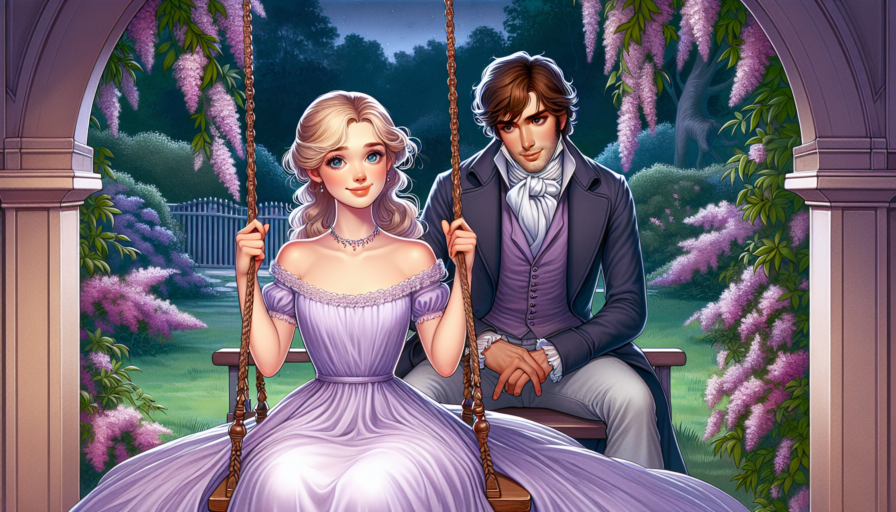 crea una imagen de romance histórico realista ambientada en la época de la regencia, en la que se ve una hermosa joven rubia con un vestido lavanda claro que se columpia en un columpio en un hermoso jardín, y cerca de ella está un apuesto caballero de cabello castaño (sin barba ni bigotes), es un libertino y la mira con picardía. Es de noche.