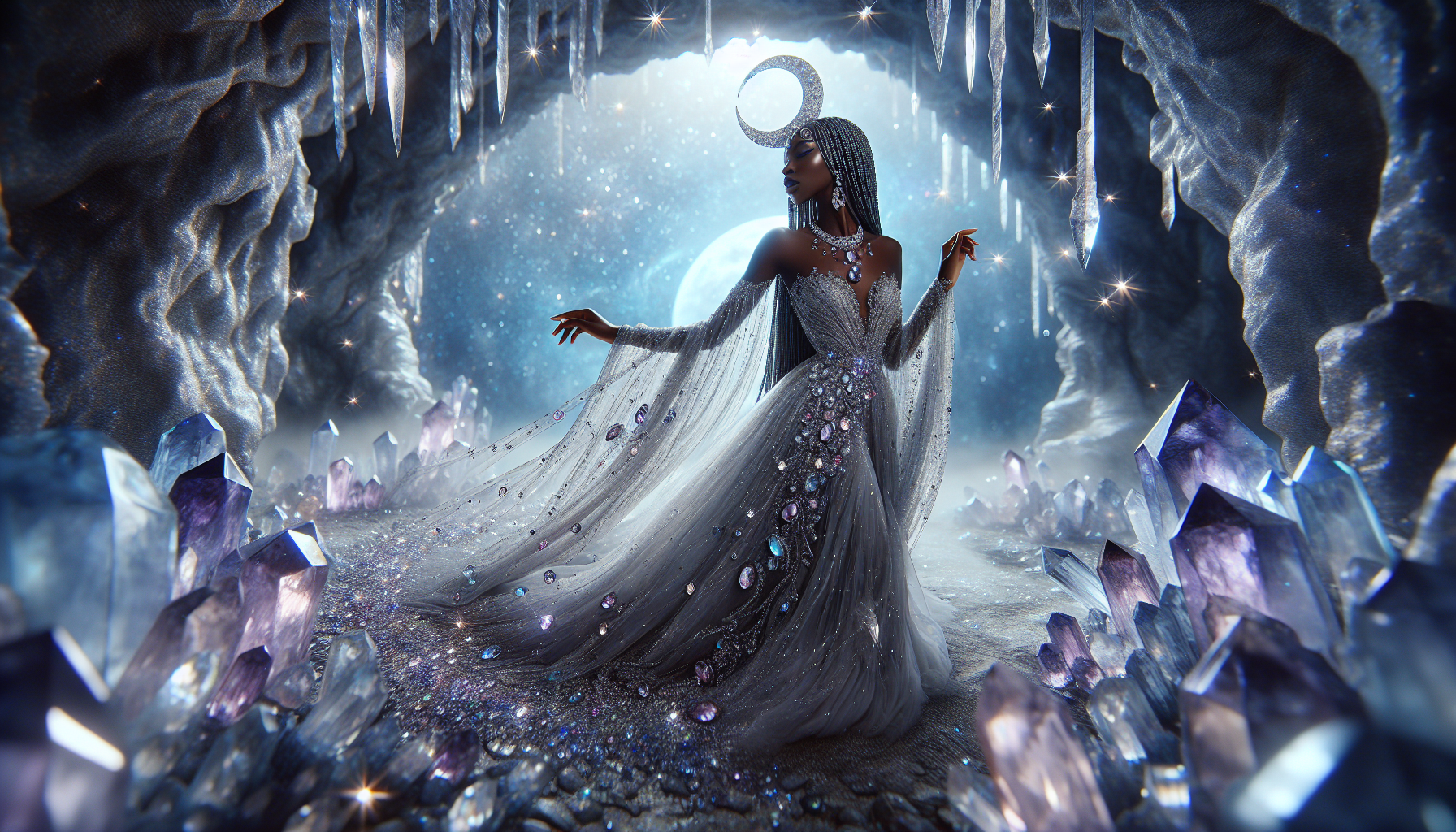 A luminous moon goddess draped in a flowing silver gown adorned with amethyst and crystal jewels walks gracefully through a glowing crystal cave. Her long braided hair is crowned with a crescent moon diadem that sparkles with starlight. The camera slowly pans upward from her feet to her face, capturing the shimmering gown as starlight falls around her. Ethereal mist drifts through the cave as she turns with elegance, bathed in soft silver-blue moonlight. Cinematic fantasy photography, ultra-detailed, richly textured, otherworldly atmosphere.