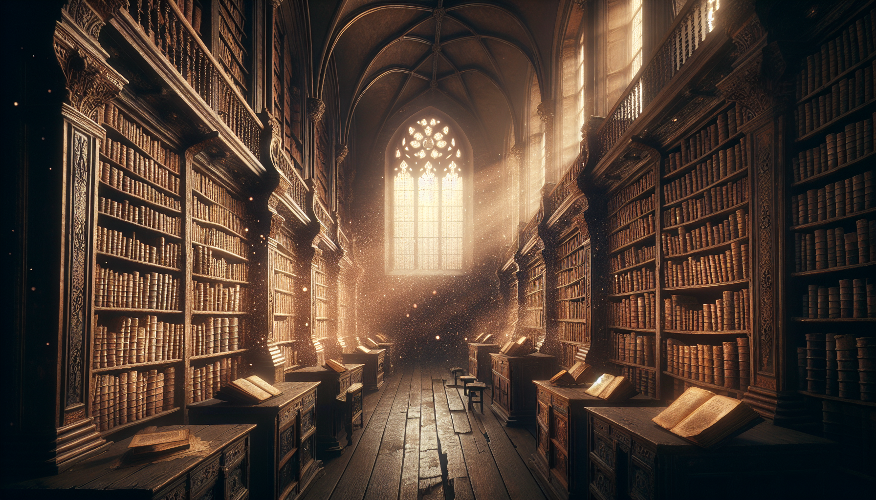 Dark ancient library with golden light rays shining through dusty windows, glowing aura around old books.