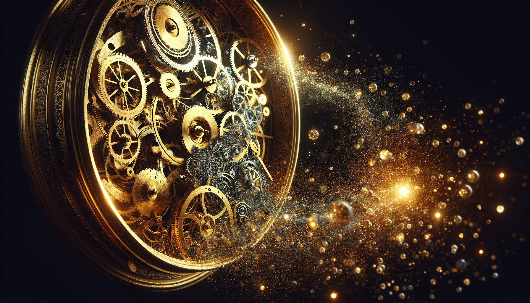 Golden clock floating in the dark, gears glowing, time particles scattering.