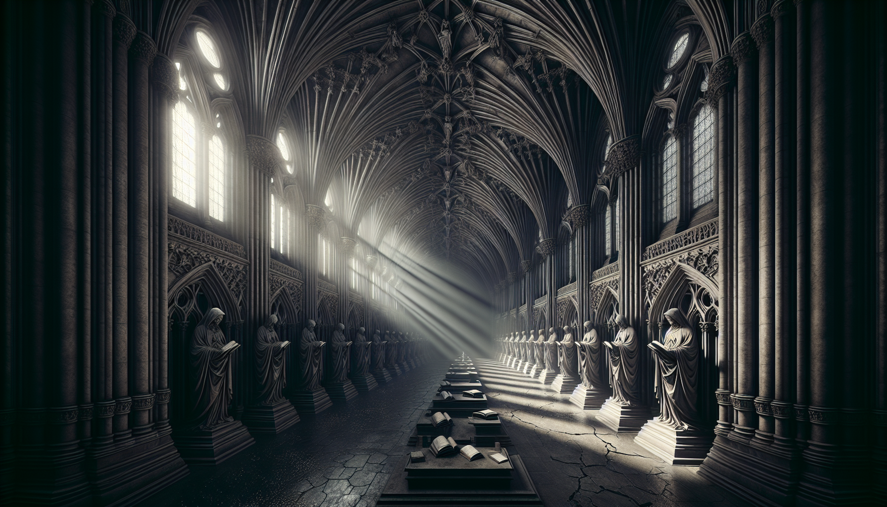 Large gothic hall with statues holding books, light rays pouring through cracked ceiling.