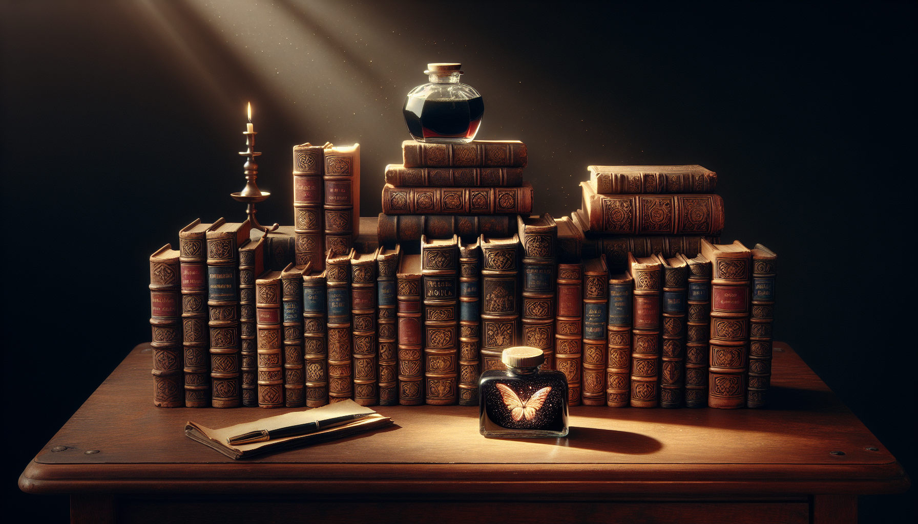 Desk filled with books, ink bottle glowing like liquid fire.