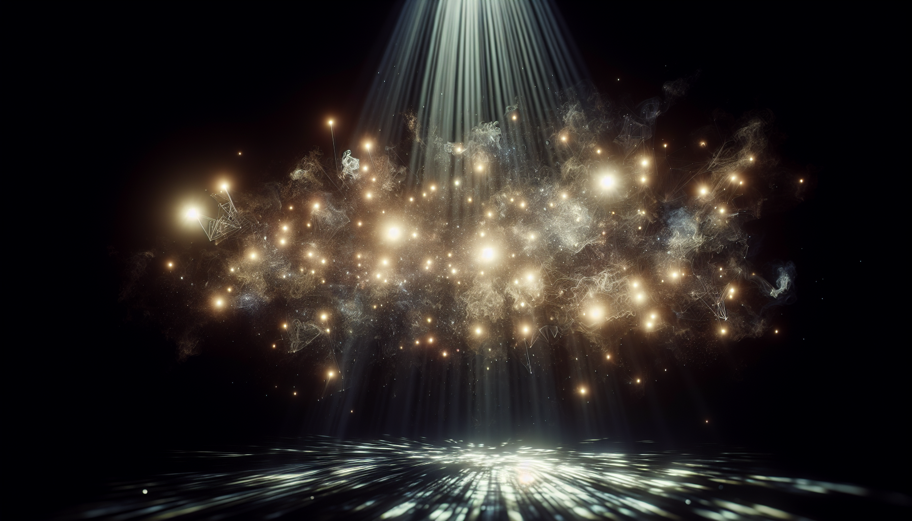 Shadowy stage with beams of light forming words in the air.