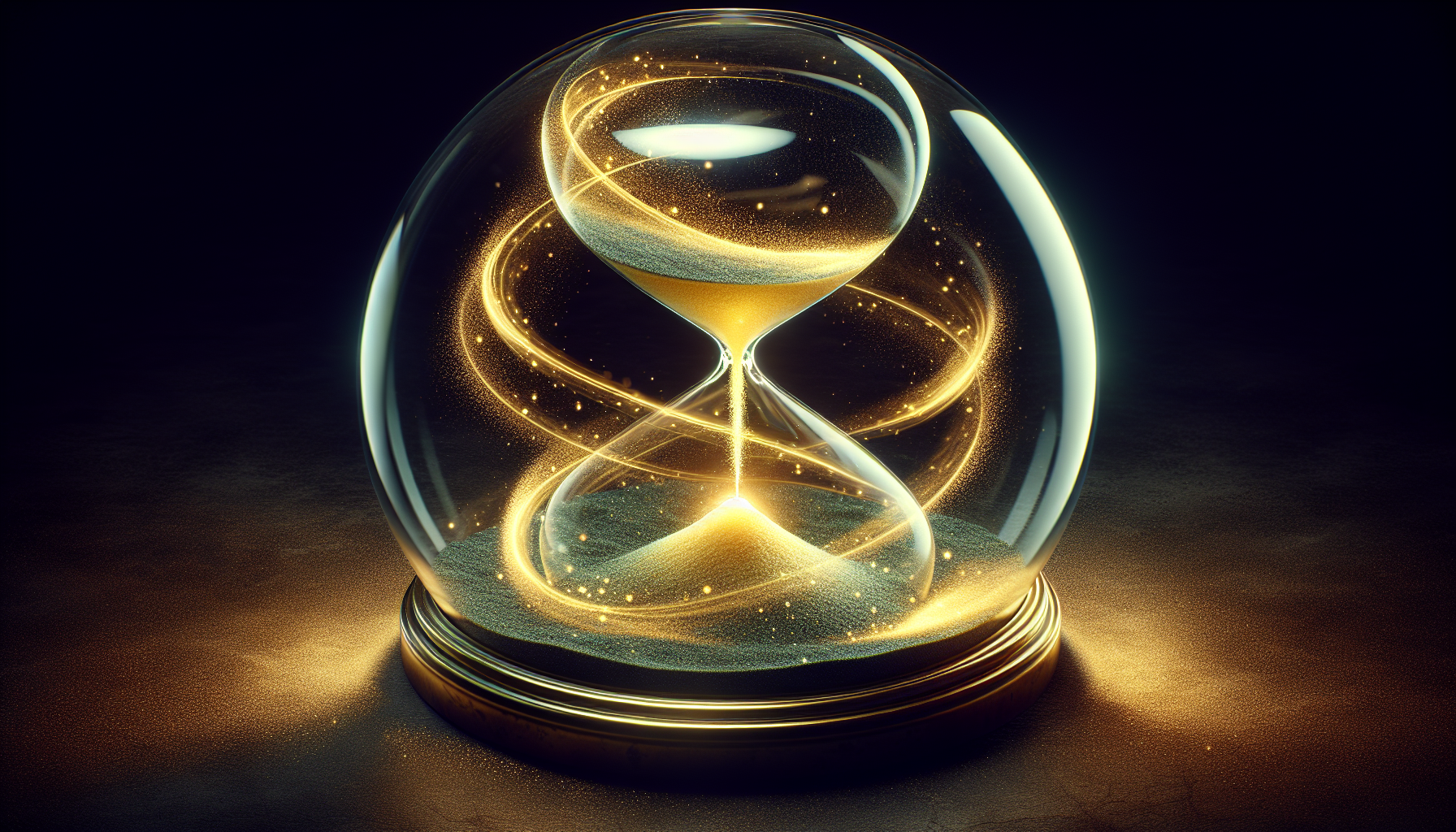 Sand clock glowing with golden dust swirling inside.