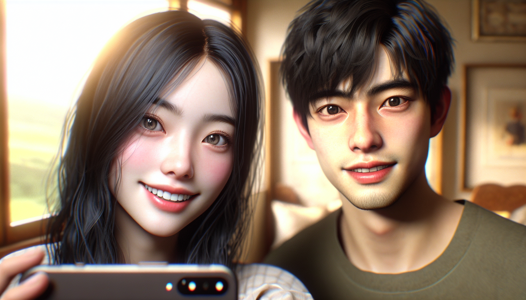 "A realistic selfie of two characters together. The girl is smiling brightly with an open, joyful expression, while the boy is smiling only slightly with a subtle, calm expression. They look close, as if taking the picture together with a phone. Natural lighting, casual and warm atmosphere. The girl has black hair and grey eyes, and de man has black short hair, black eyes.