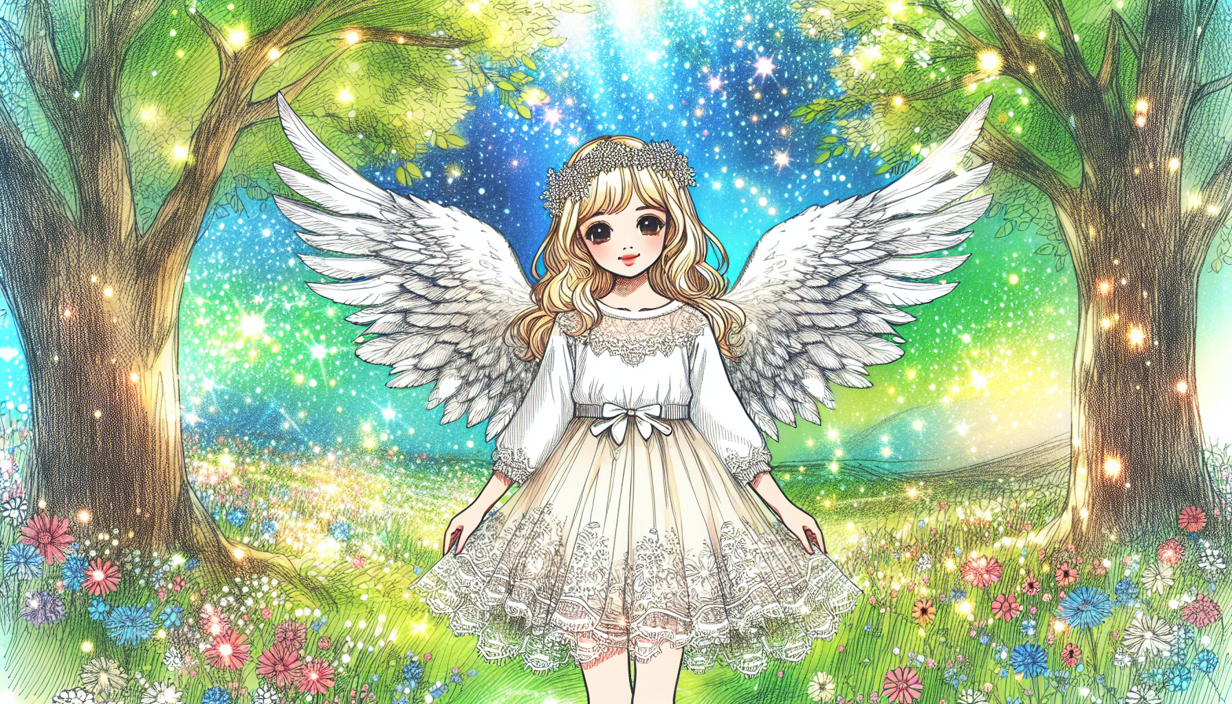 cute angel girl,blonde hair,white wings,dress.grass,flowers,sky,trees