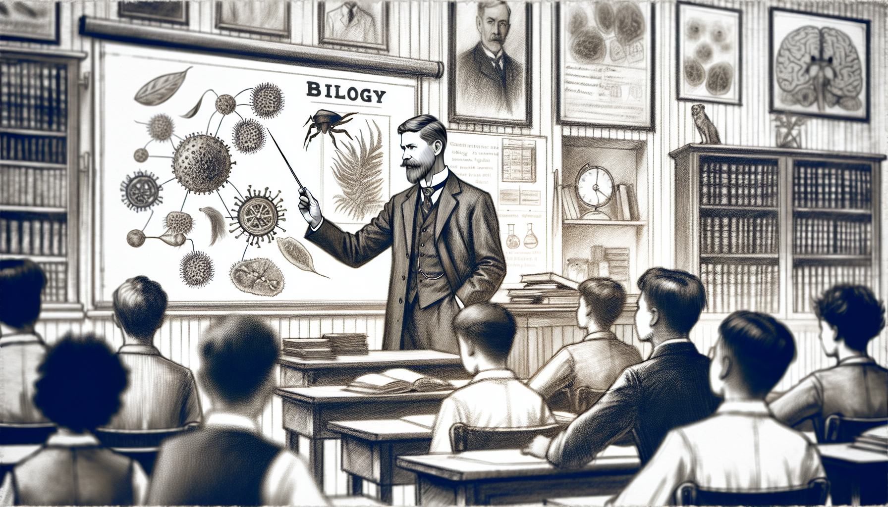 Create an image of a teacher which is teaching biology in the class room