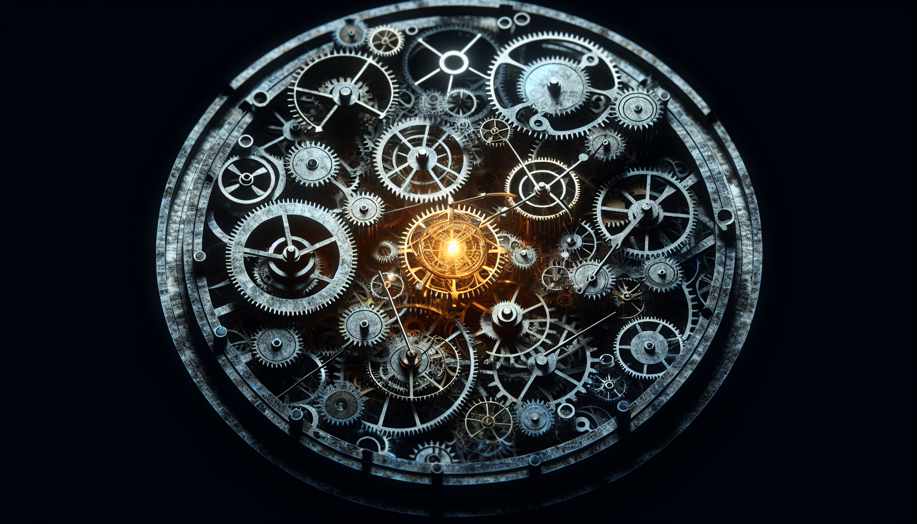 Abstract gears of a clock frozen in darkness, only one gear glowing.
