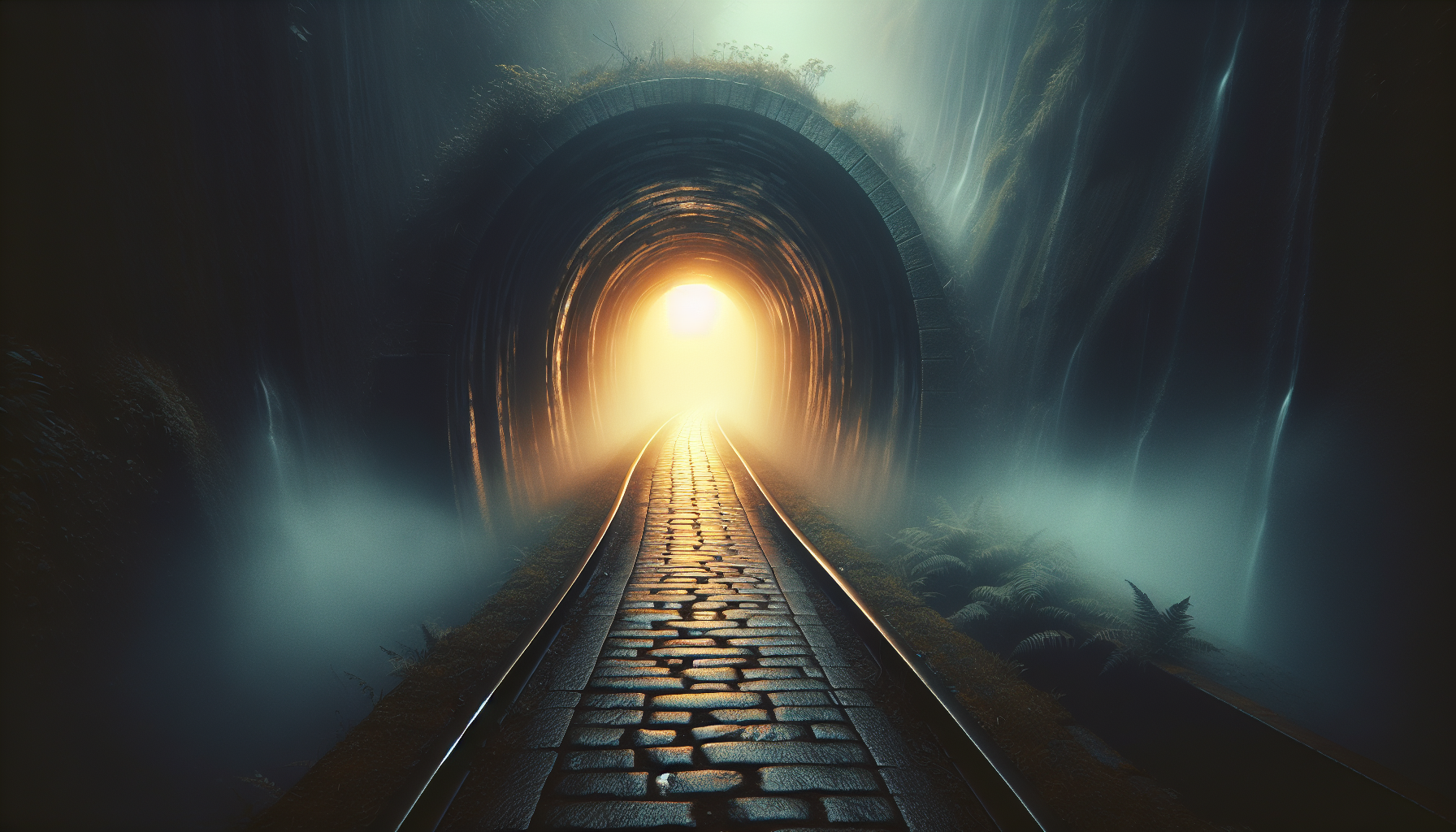 Foggy tunnel with faint golden light at the end but blocked by shadows.