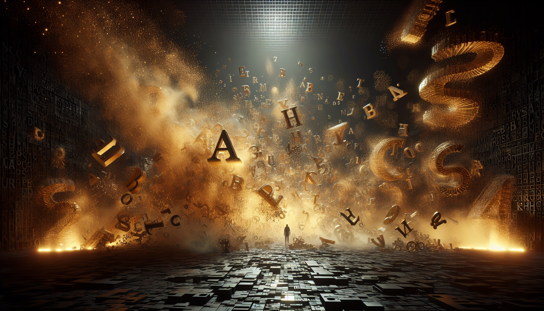 Golden letters dissolving into dust inside a black void.
