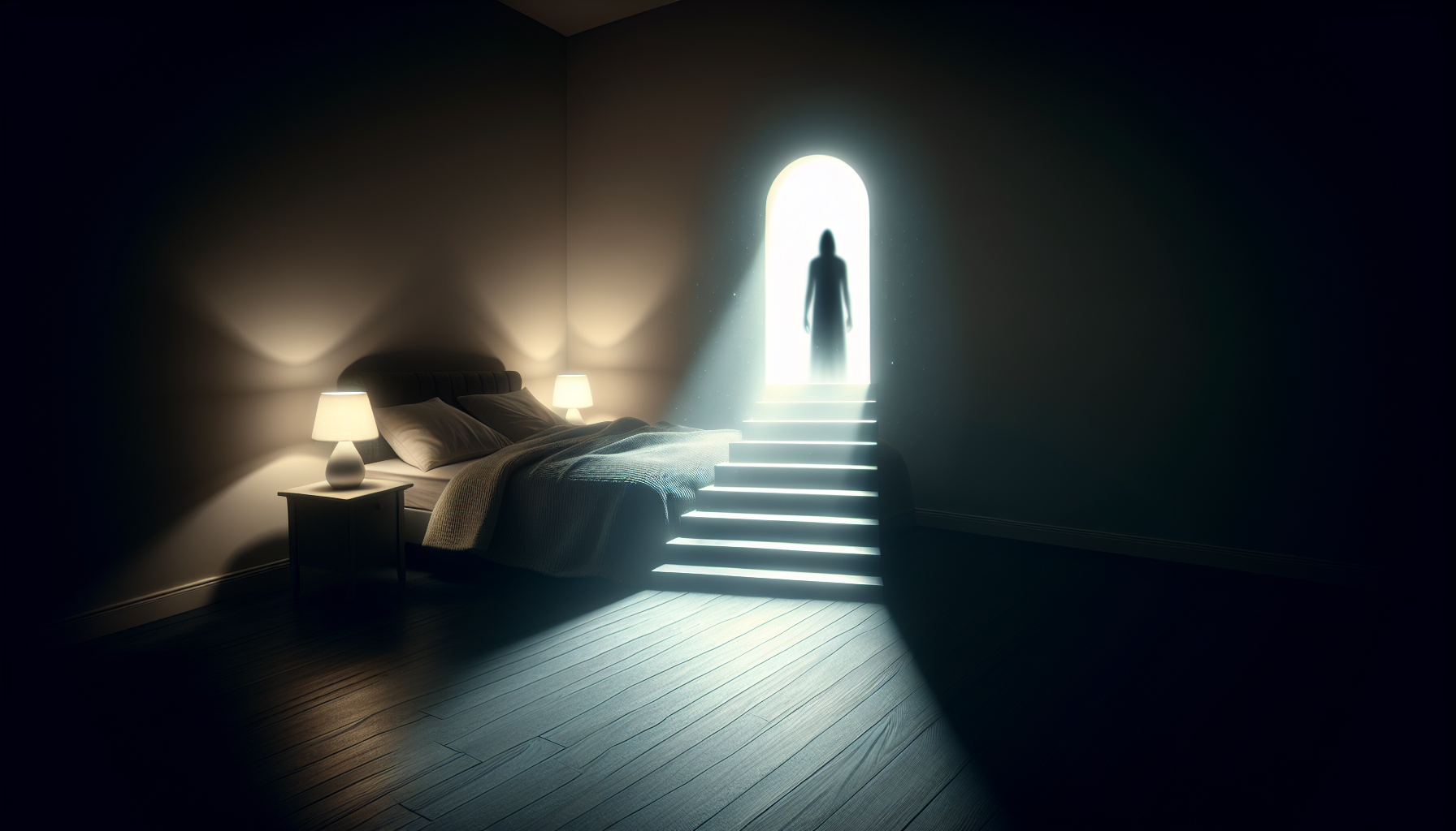 A shadow lying on a bed while glowing stairs rise above it.