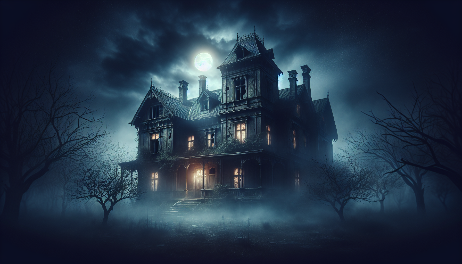 "An old abandoned haunted mansion at night, broken windows, thick fog, full moon in the sky, creepy atmosphere, ultra-realistic horror cinematic style"
