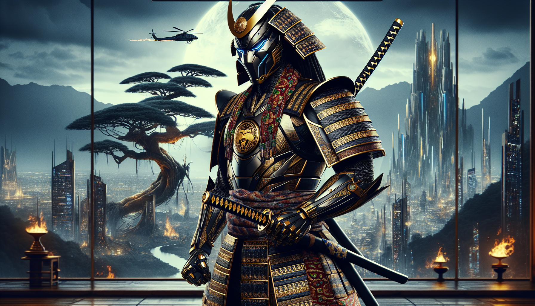 A full-body samurai warrior reimagined with African influence, inspired by Black Panther. His armor blends traditional samurai plating with tribal patterns, black and gold details, and a panther motif on the kabuto helmet. He carries a sleek katana with glowing golden engravings. Background: a futuristic African cityscape mixed with nature, like giant trees and mountains.