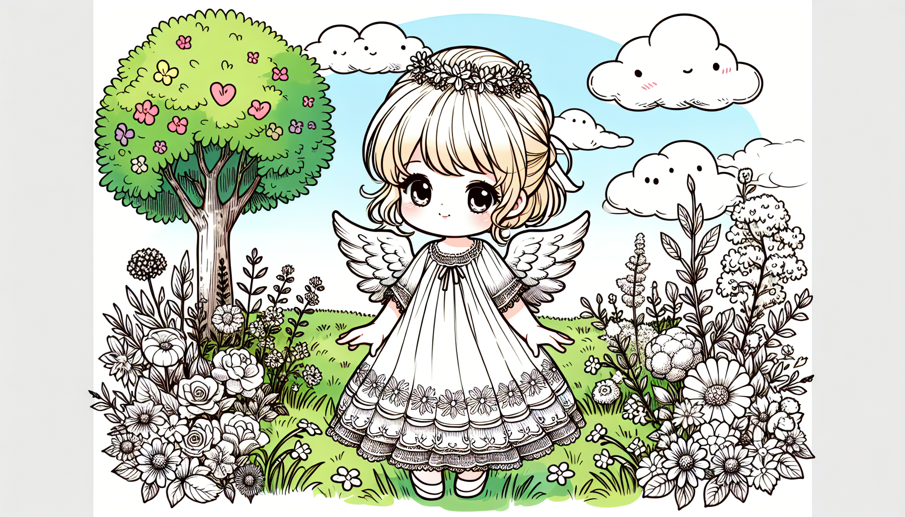 cute angel girl,blonde hair,white wings,dress.grass,flowers,sky,trees
