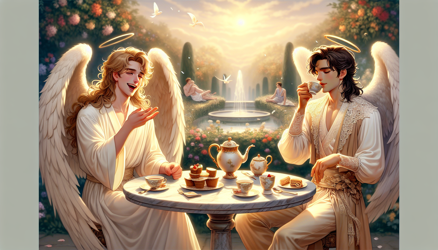 Two beautiful male angels sitting at a round marble table in a heavenly garden. 
One has long wavy golden hair, wearing white robes, smiling brightly and gesturing energetically with his hand as he talks. 
The other has long dark brown hair, wearing elegant clothes with lace details, sitting with legs crossed, calmly sipping tea from a teacup, glancing sideways at his friend with a subtle smile. 
On the table are a tea set and small cakes. 
The golden-haired angel’s plate is messy and half-eaten, while the dark-haired angel’s plate is neat and untouched. 
The background shows flowers, a fountain, and soft sunlight in a serene sky. 
The mood is warm, peaceful, and shows their strong friendship. 
Anime style, detailed, soft lighting.
