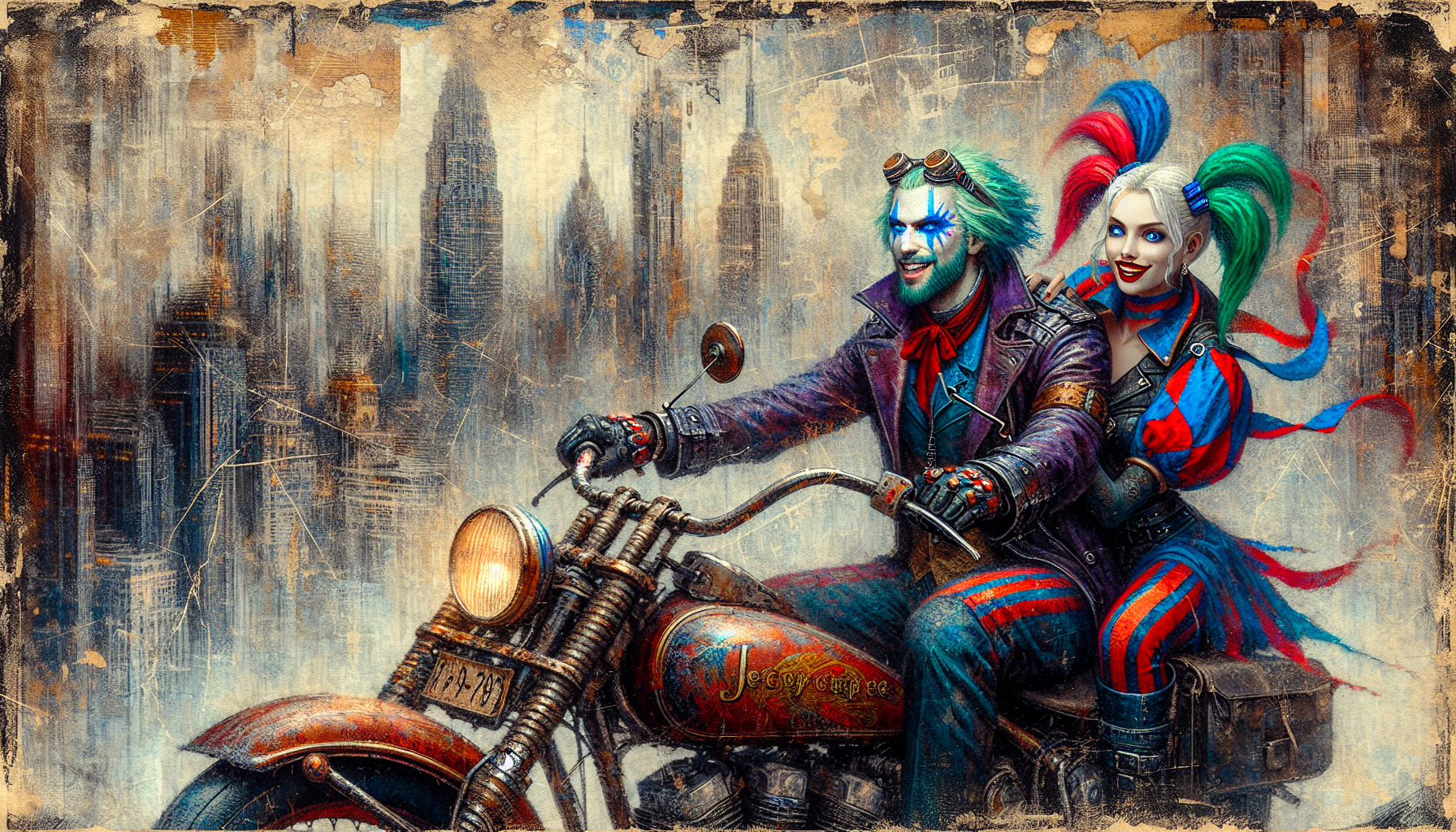 worn, scratched photograph, Harley Quinn driving a motorcycle through a city street with the Joker in the sidecar, Moebius, Jeremy Mann, Kansuke Yamamoto, Milo Manara, Luis Royo, textural paper merged with glass, Raw Cyberpunk, fine art fashion photography, Luis Royo, Anna Silivonchik, oil-painting with rough brush strokes on old vintage canvas style, worn, cracked, overly detailed realistic texture