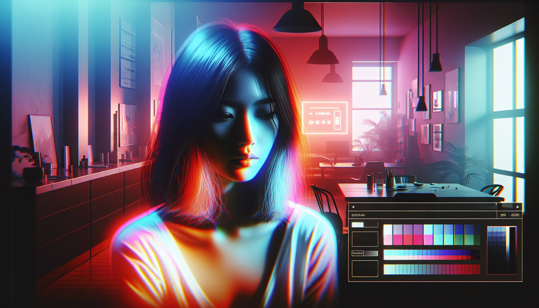 neon color grading, duotone color grading, black and red cool-toned sterile colors, light leaks, woman in room