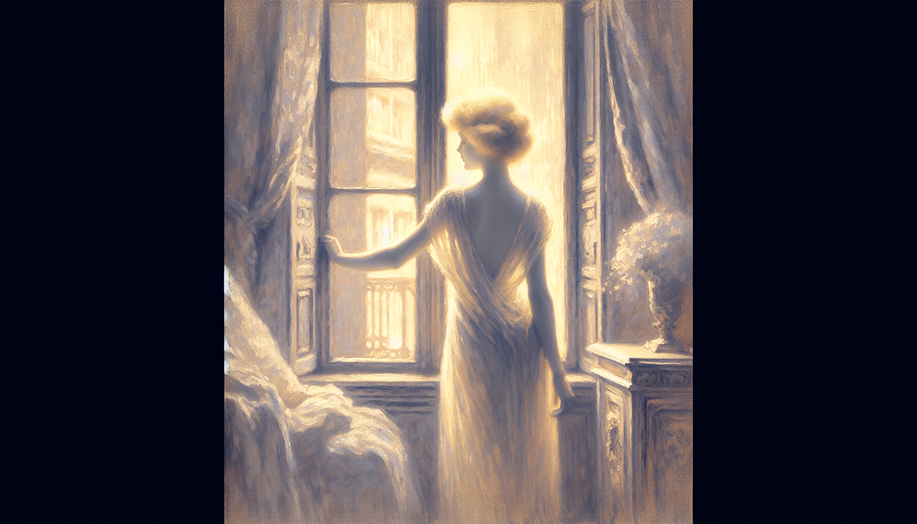 Stylized painting of a blonde woman with normal body shape, standing near a tall window, one hand on the window frame, the other on her hip, soft light illuminating her silhouette, boudoir elegance, artistic non-realistic style
