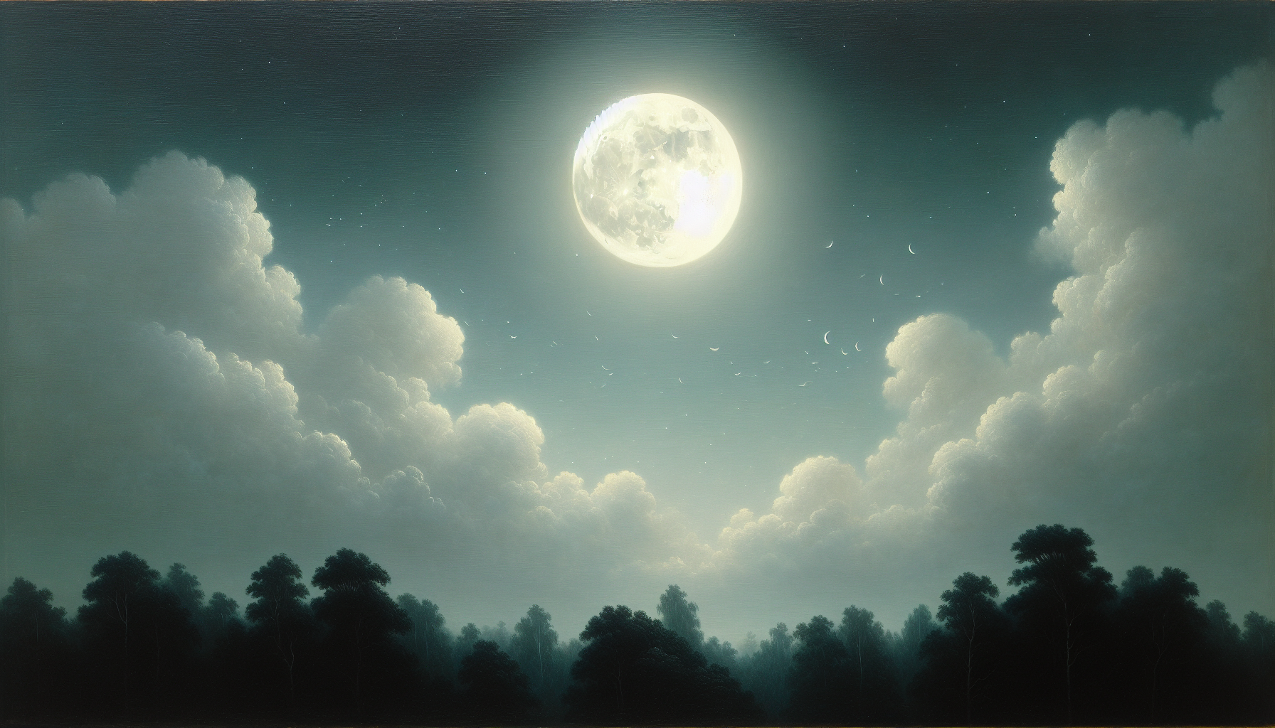 Muted painting of a glowing moon with faint clouds.