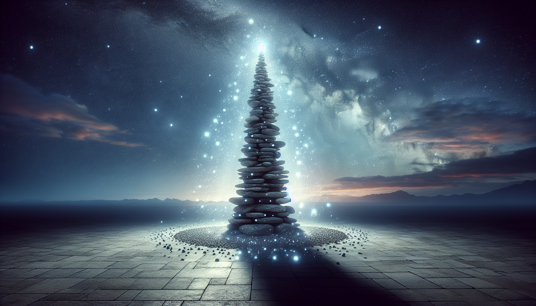 A symbolic tower made of stones glowing subtly at night.