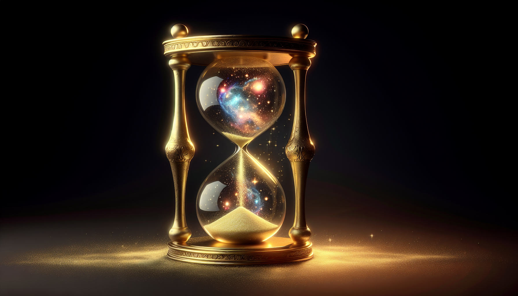 Golden hourglass with cosmic particles flowing instead of sand.