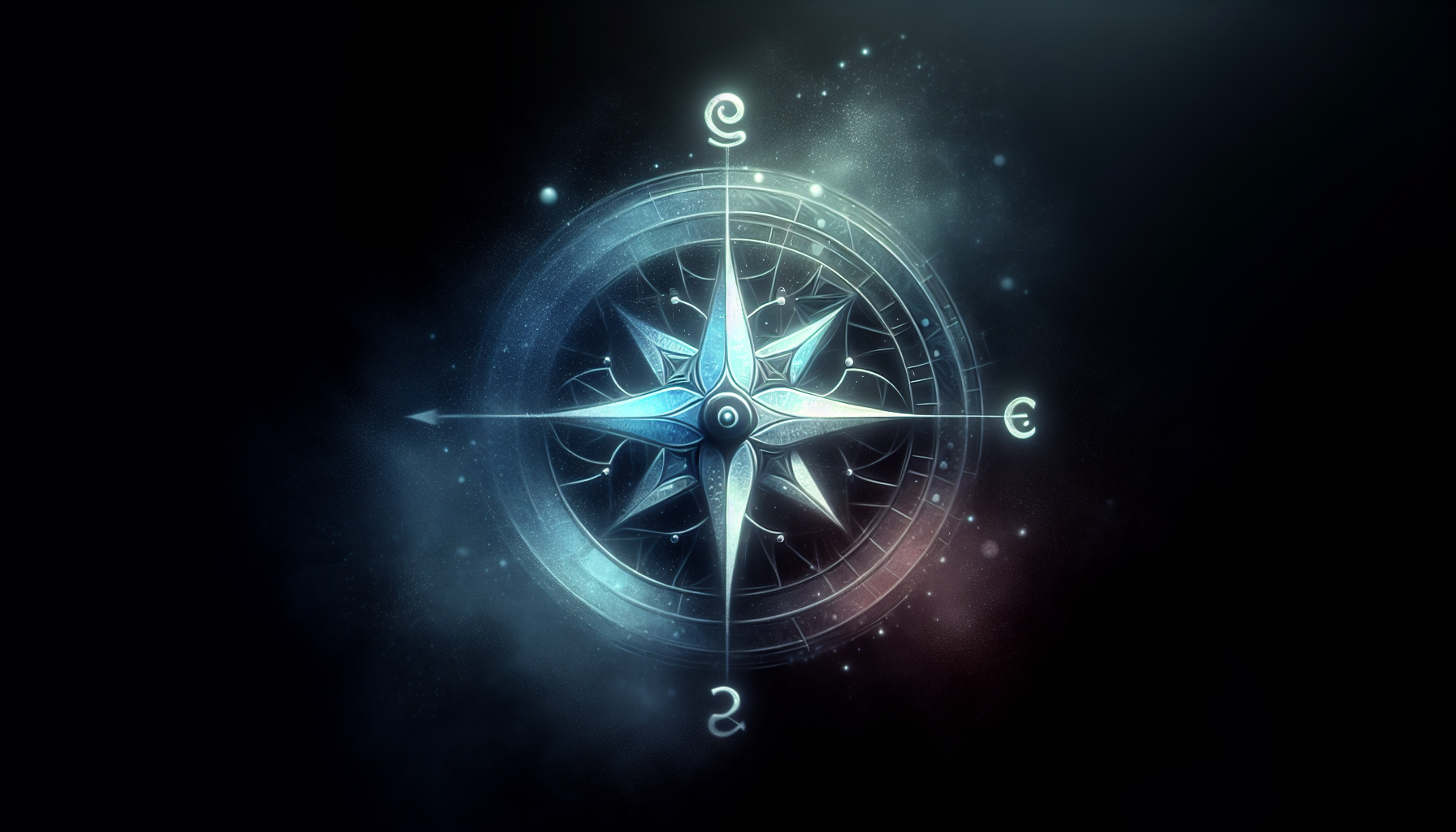 Abstract symbolic compass glowing faintly in the dark.