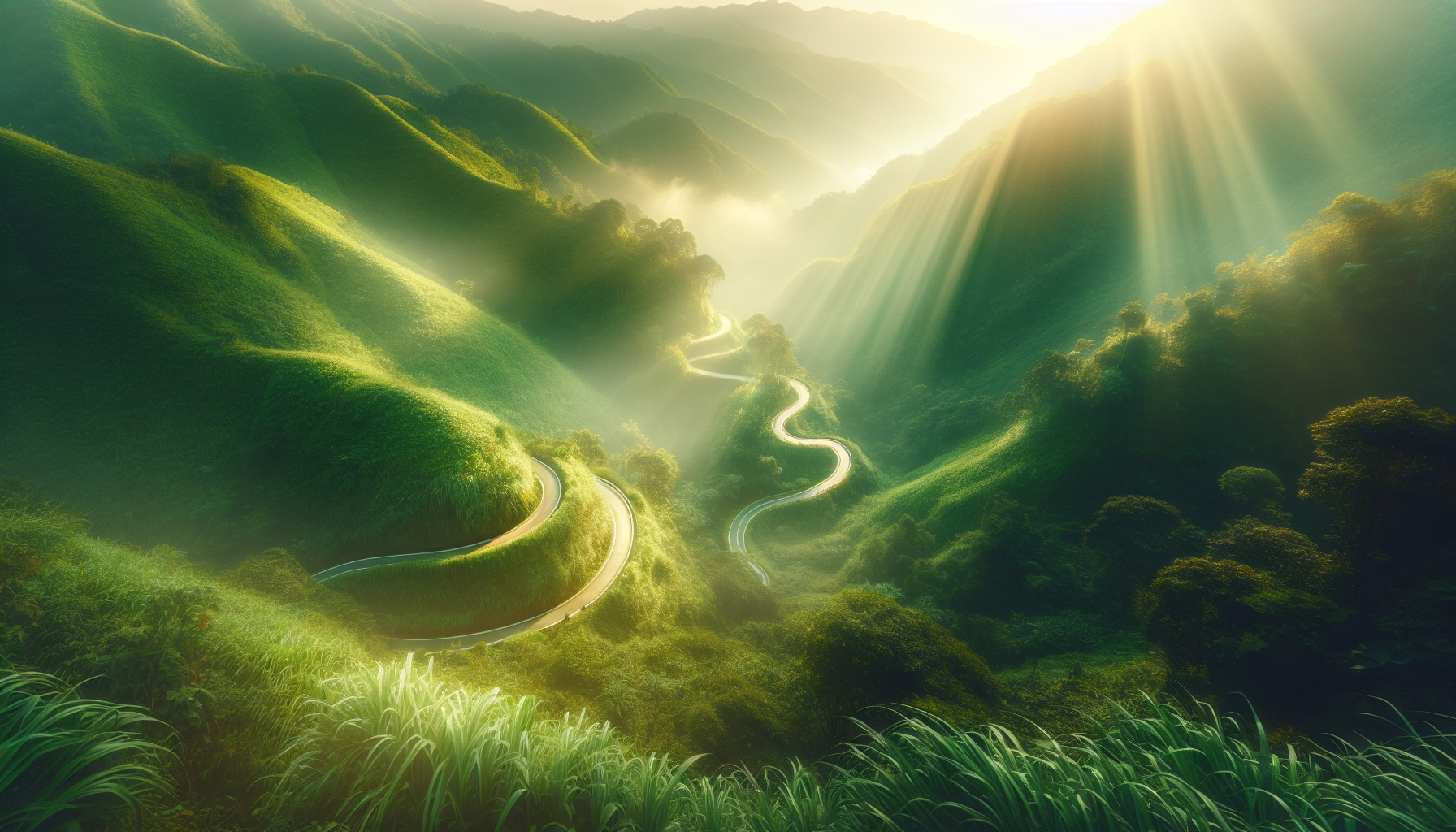 A winding mountain path illuminated by soft beams of solar energy.
