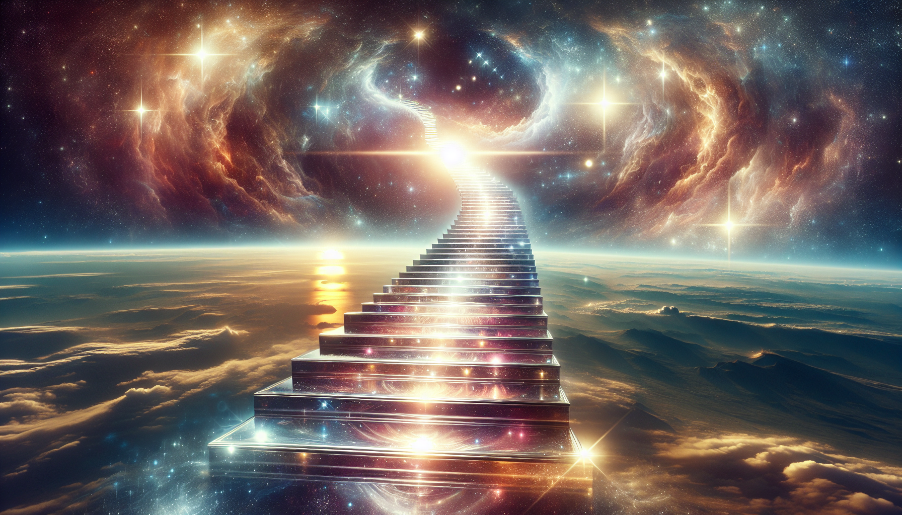 A symbolic cosmic staircase leading upward into sunlight.