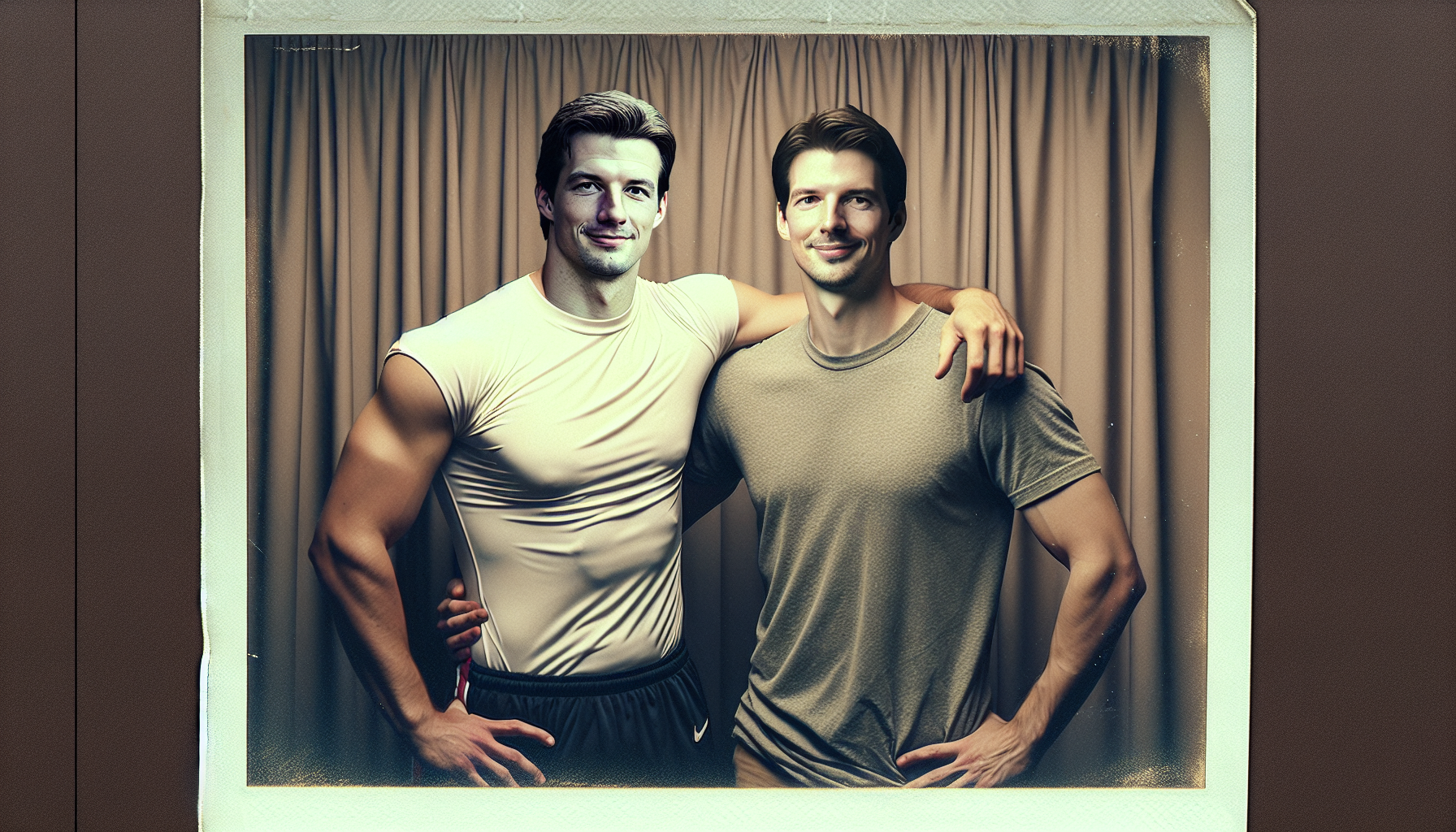 Create a highly realistic Polaroid-style photo of [Lionel Messi] standing next to ME (attached photo), arm around each other’s shoulders. The photo looks like it was taken in the early 2000s with a film camera, slightly faded colors, visible film grain, and subtle scanner texture. The setting is simple, with a curtain background, casual pose, natural lighting, and flash reflection typical of old film snapshots. The overall look should be authentic, making it appear like a real scanned old photo."