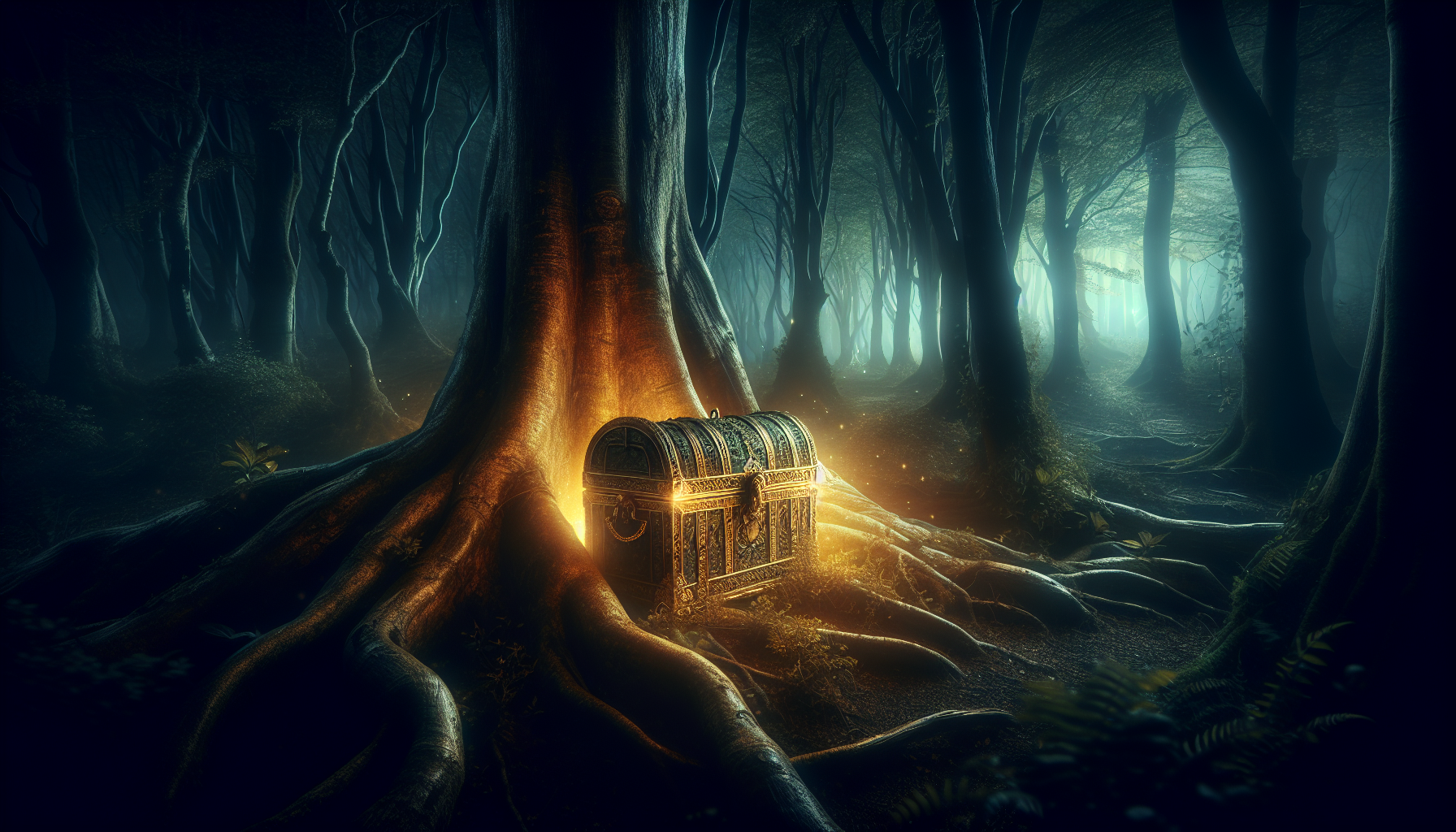 Shadowy forest with a single golden light illuminating a hidden treasure chest.