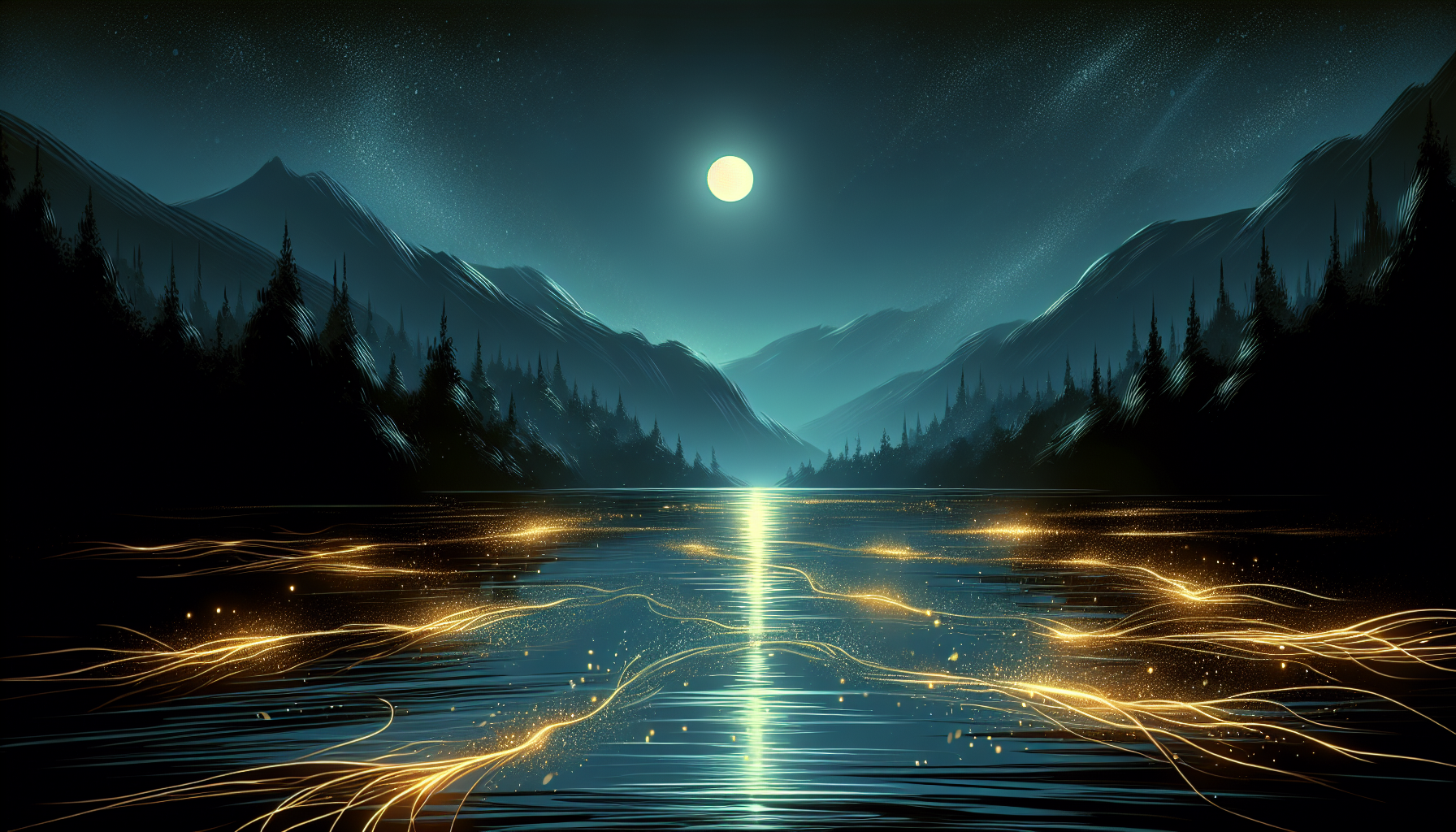 A quiet lake at night with shimmering golden streaks on the water surface.