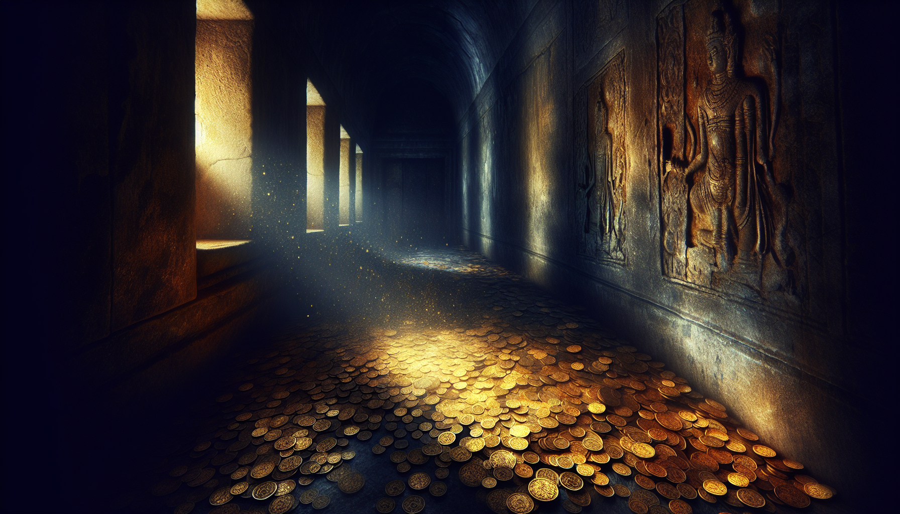 Dimly lit ancient temple with golden coins scattered on stone floors.