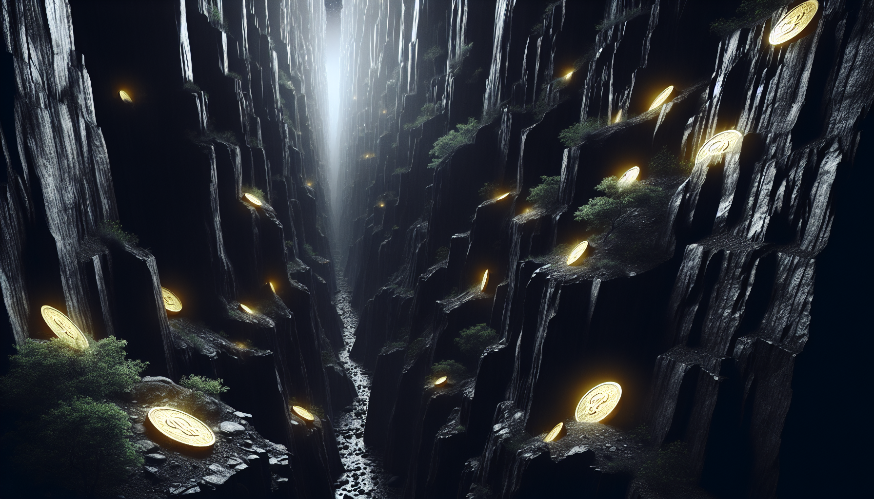 Dark canyon with golden coins scattered along the path.