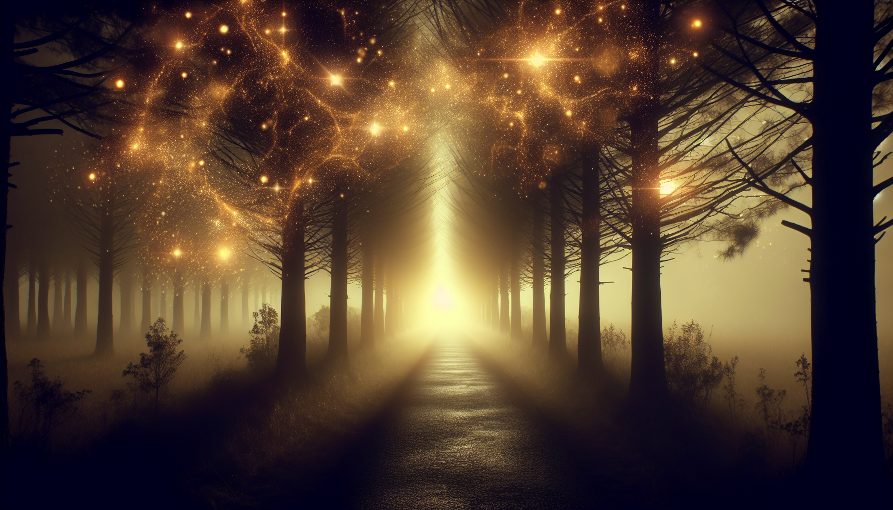 Shadowed path through fog with subtle golden energy floating above.