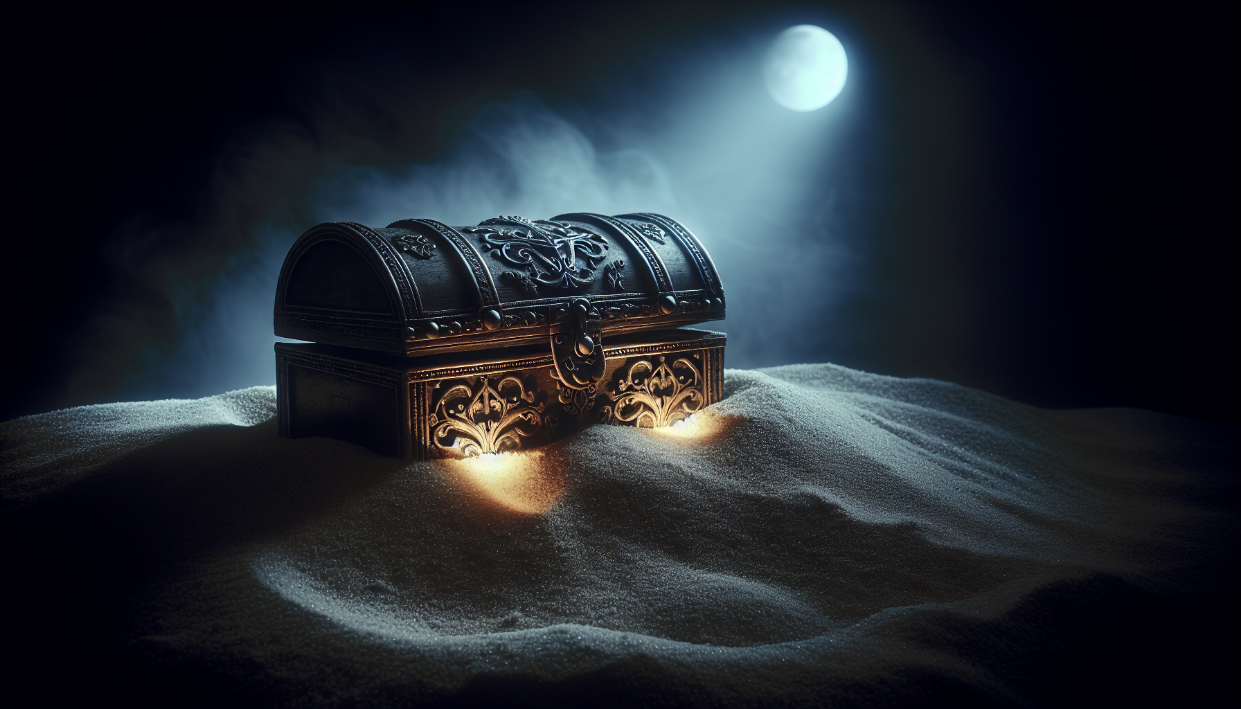 Dimly lit treasure chest half-buried in shadowy sand.