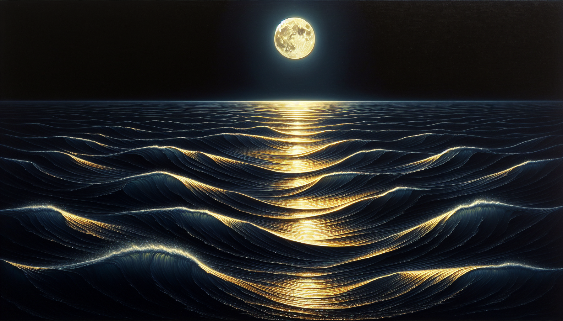 Night ocean waves with faint golden reflection from the moon.