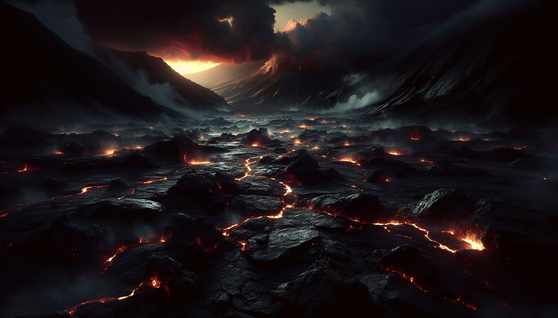 Dark volcanic landscape with subtle golden lava flows.