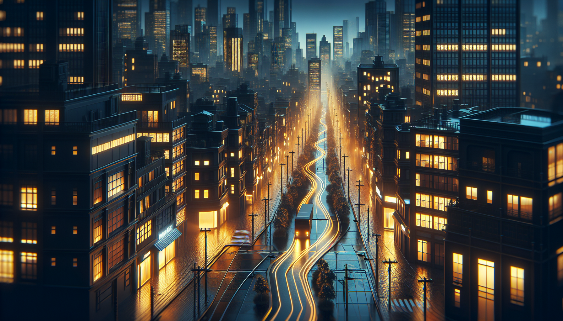 Moody city streets with faint golden light outlining a path of progress.