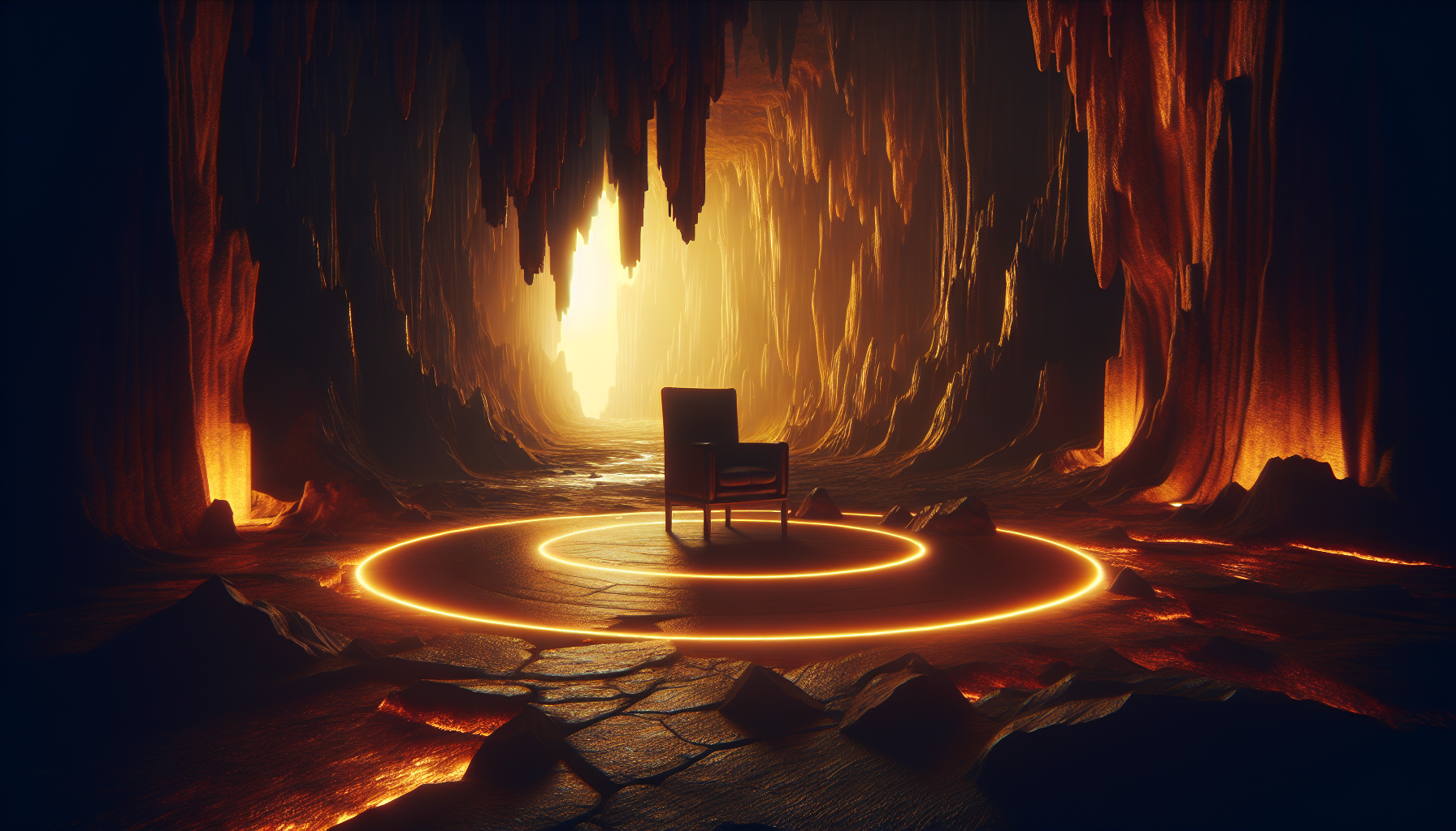 A background for zoom calls. A dark mysterious seat in a cave. A glowing amber color coming emitting from somewhere behind the seat